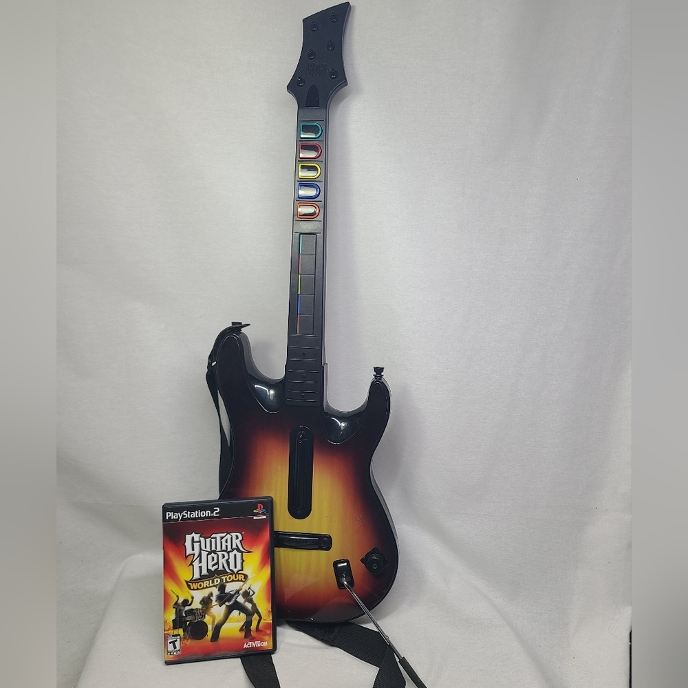 PS2 Guitar Hero World Tour game Plus Red Octane Sunburst Guitar No Dongle- AS IS